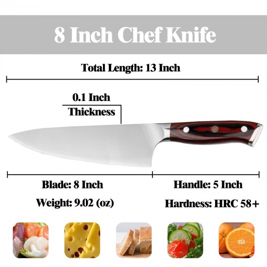 8 Inch Chef's Knife, AUS 10 Steel Core, Pakkawood Handle,Professional Ultra Sharp Kitchen Knives for Cooking, Triple Rivet Full Tang, Knives Choice & Kitchen Gadgets