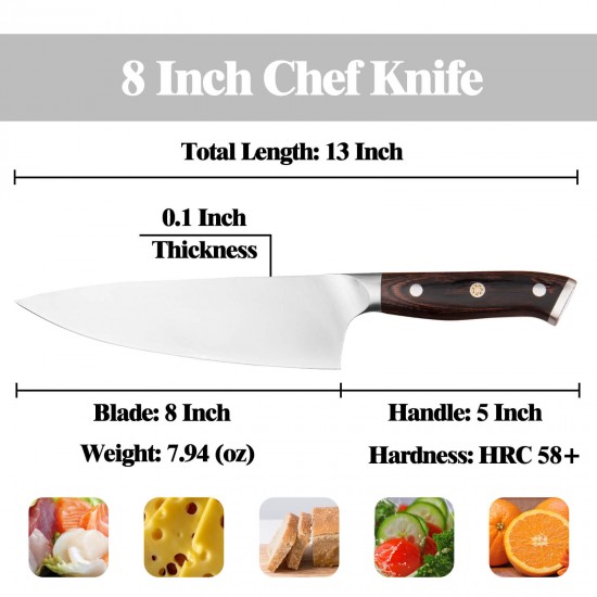 8 Inch Chef's Knife, 7Cr Stainless Steel, Pakkawood Handle, Triple Rivet Full Tang Kitchen Tools